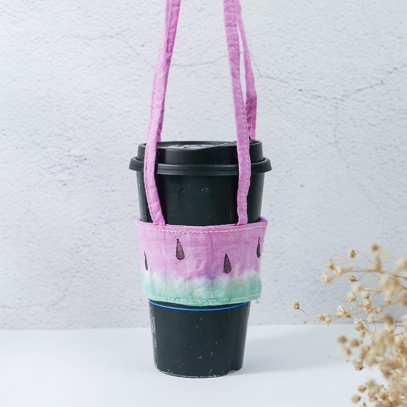 : 紅西瓜 : 雙提把杯套 進階版 飲料提袋 環保 手染 渲染 染色 - 杯袋/飲料提袋 - 棉．麻 粉紅色
