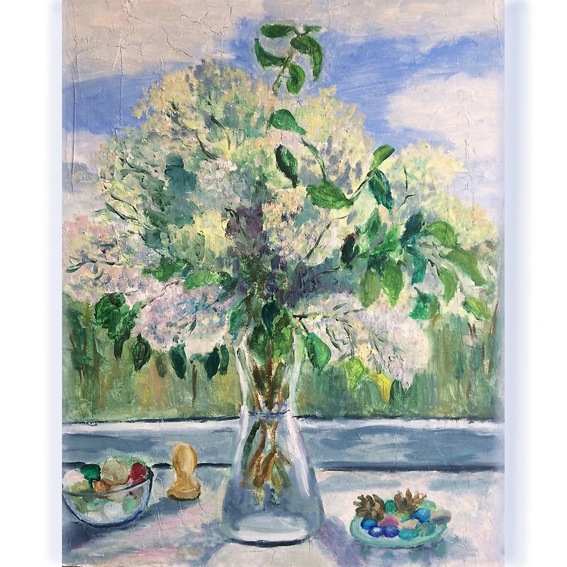 白い花の絵、キャンバスにオリジナルの油絵、春の花 50 x 40 - ポスター・絵 - コットン・麻 