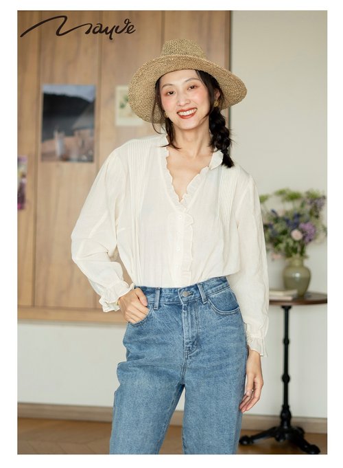 Mauve Studio Moonsee V領荷葉邊休閒上衣泡泡袖純色百搭純棉寬松輕薄襯衫