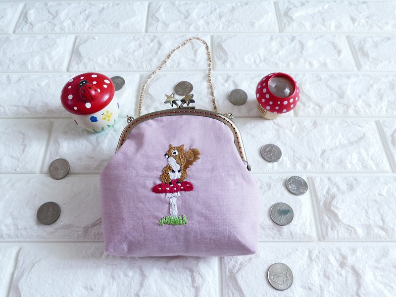 Embroidered Gamaguchi Handbag Squirrel Pink sitting on a mushroom - Handbags & Totes - Cotton & Hemp Pink