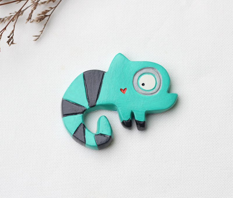 Handmade blue chameleon  brooch - เข็มกลัด - ดินเหนียว สีเขียว