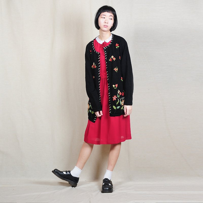 [Vintage] egg plant Cherry-collar vintage dress - One Piece Dresses - Polyester Red