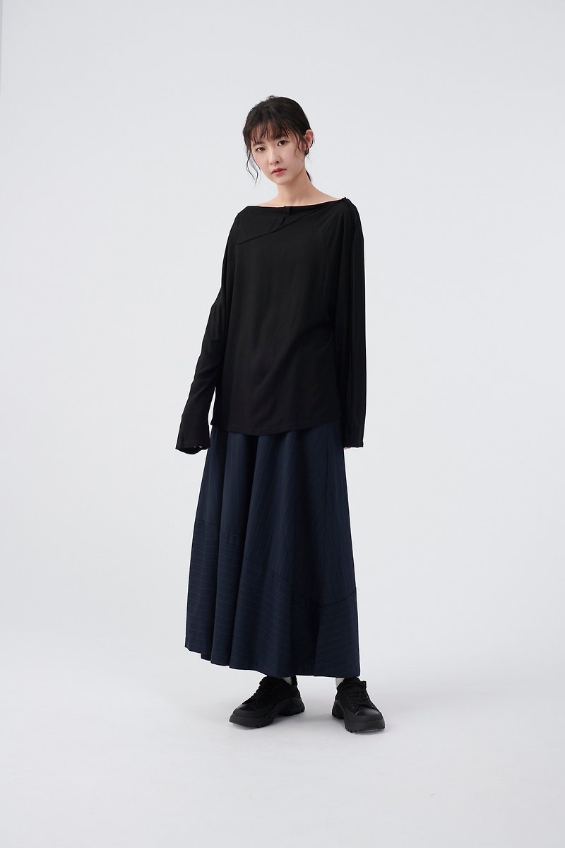 TRAN - 鬆緊綁帶條紋圓裙 - 裙子/長裙 - 聚酯纖維 藍色