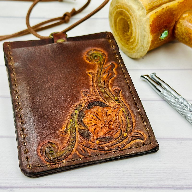 Handmade Classic Leather Carving Pattern ID Card Holder - ID & Badge Holders - Genuine Leather Brown