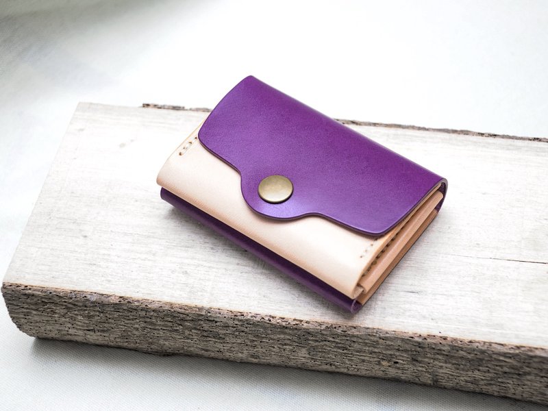 Double-layer card holder material bag well-sewn leather material bag color matching couple gift card holder wallet - เครื่องหนัง - หนังแท้ สีม่วง