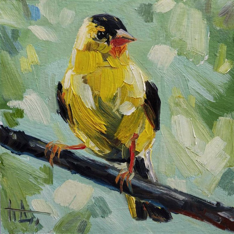 Original oil painting Bird Goldfinch 5x5 inches Impressionism Hand ...