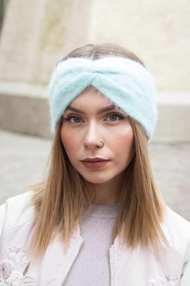 Angora headband Twist fluffy headband - Headbands - Wool Green