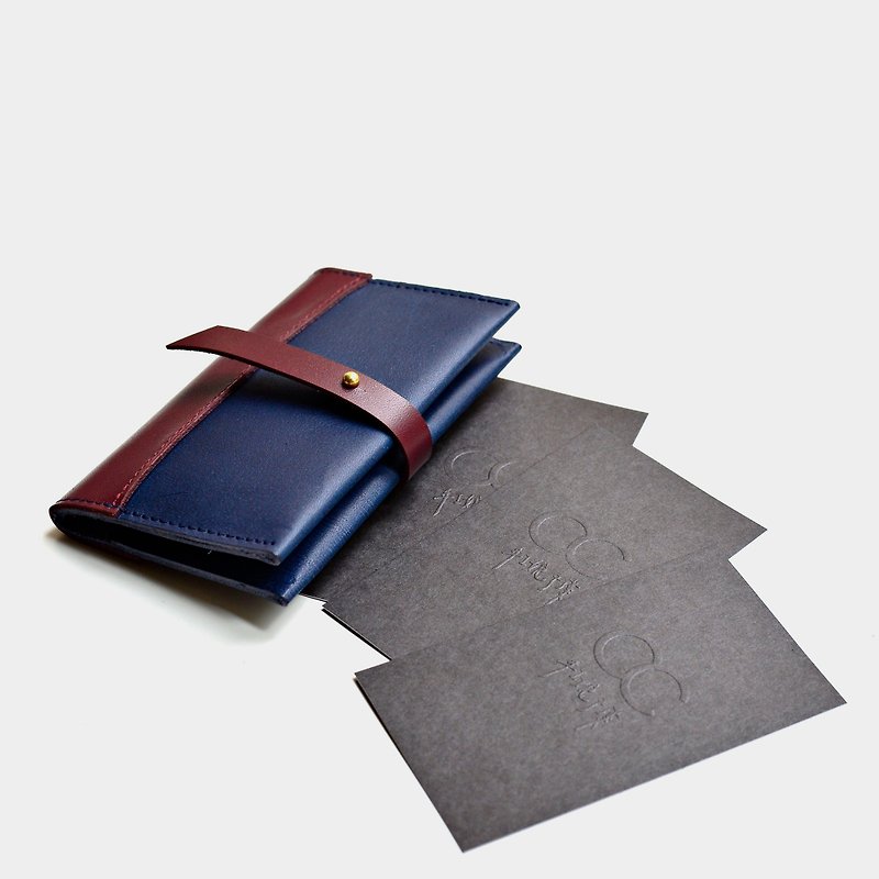 [Reception at sea] Italian vegetable tanned cowhide business card holder, leather card holder, leisure card holder, blue burgundy cowhide stitching, Valentine’s day gift, custom lettering as a gift - ที่เก็บนามบัตร - หนังแท้ สีน้ำเงิน