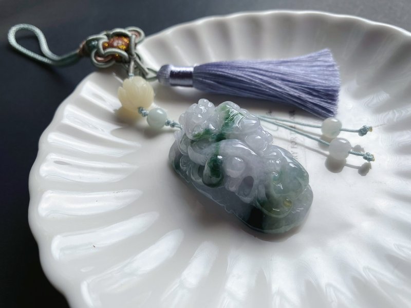 【售出】天然緬甸玉 翡翠 螭龍 飄花 如意 一葉致富 發財 包掛 禮 - 手機掛繩/背帶 - 玉石 綠色
