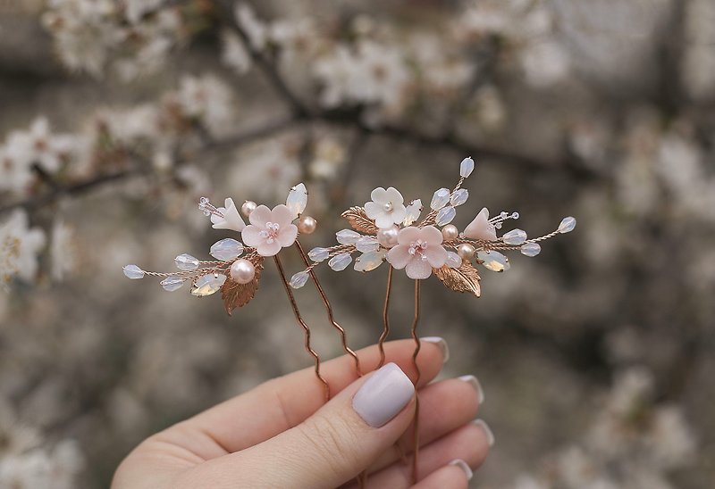 White opal pink hair pin set, Bridal flower rose gold, Bride floral wedding - Hair Accessories - Clay 