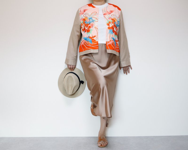 KIMONO CREW NECK JACKET -ヴィンテージ着物を使ったクルーネックジャケット １点物です - 女大衣/外套 - 聚酯纖維 粉紅色