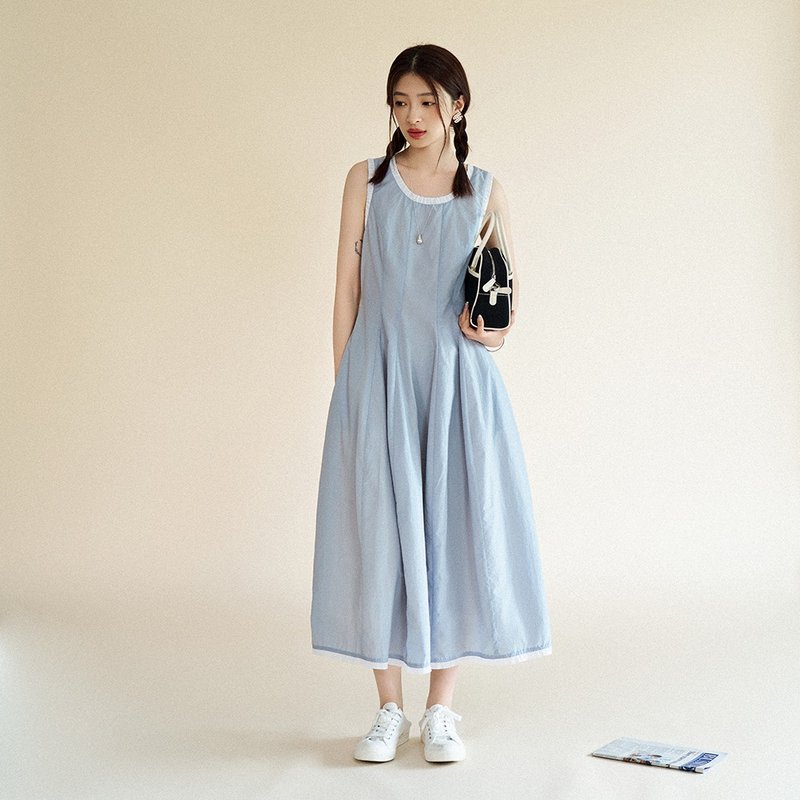 Haze blue and white skirt | dress | summer style | Sora-1559 - ชุดเดรส - ผ้าฝ้าย/ผ้าลินิน สีน้ำเงิน