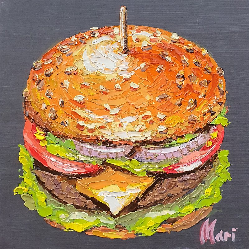 Hamburger Painting Fast Food Original Art Cutlet Bun Burger Sesame Food Sandwich - โปสเตอร์ - วัสดุอื่นๆ หลากหลายสี