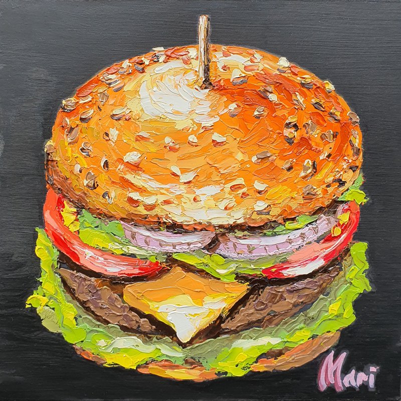 Hamburger Painting Fast Food Original Art Cutlet Bun Burger Sesame Food Sandwich - โปสเตอร์ - วัสดุอื่นๆ สีดำ