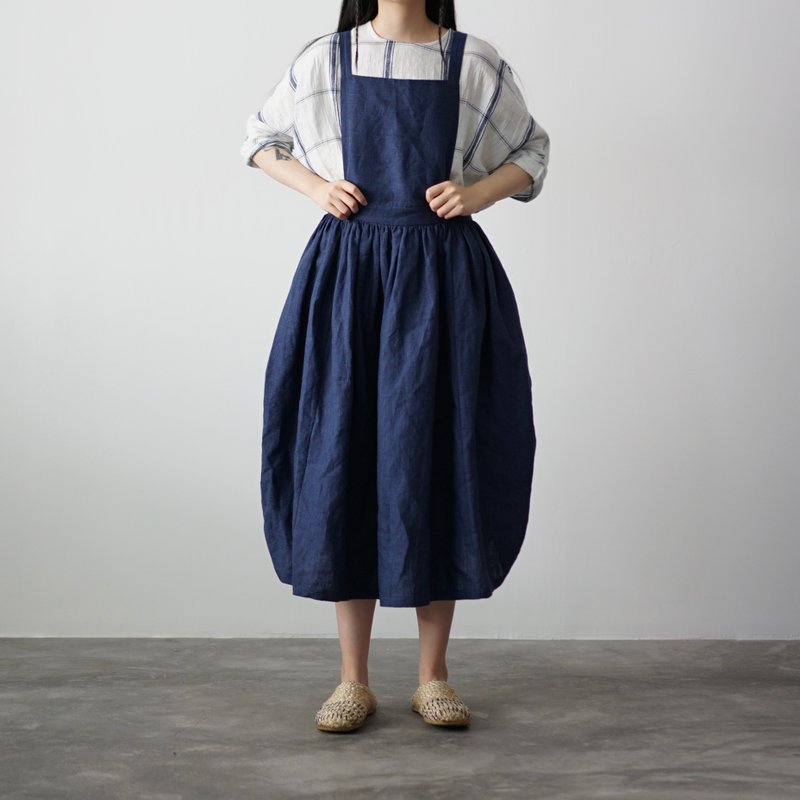 Blue Gingham Dungarees Dress - 連身裙 - 棉．麻 藍色
