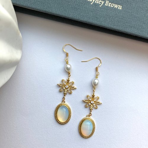 KAREN JEWELRY 14K包金 天然淡水珍珠雕花蕾絲蛋白色寶石耳環 14KGF