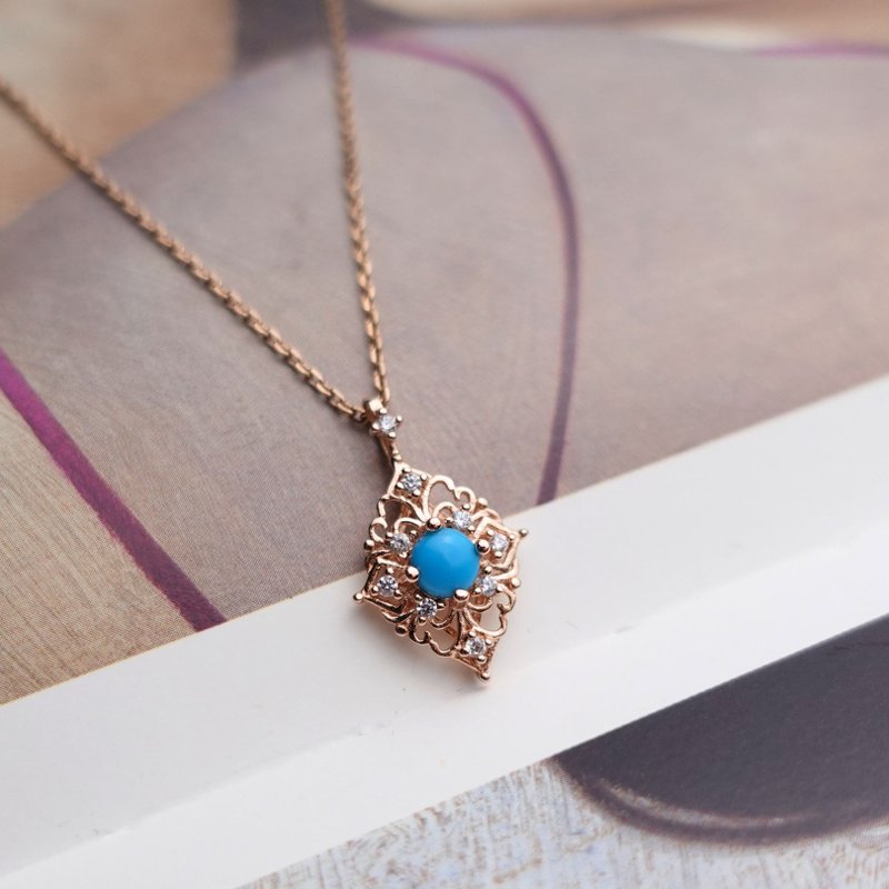 Elf Energy Turquoise Stone Palace Style Design Feminine Rose Gold Sterling Silver Necklace Gift - Necklaces - Sterling Silver Blue