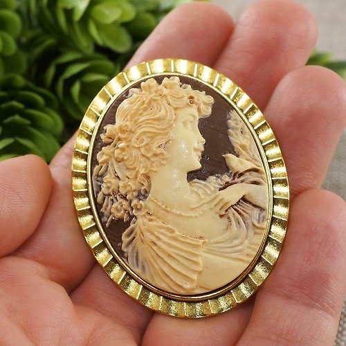AGATIX Lady Girl Cameo Brooch Pin Beige Ivory Brown Victorian Brooch Woman Jewelry Gift