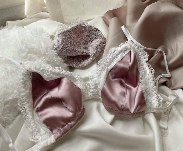 Set of satin lace with lining (bra + panties) Pink, cream lotus petals -  Shop brababa-lace Women's Underwear - Pinkoi