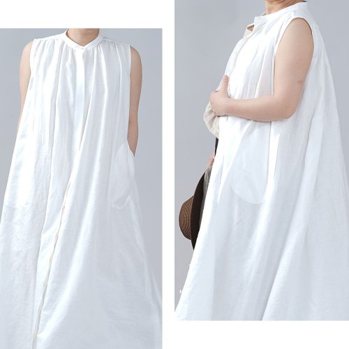 wafu - 風がぬける Linen Dress　 ノースリーブ 比翼 ワンピース / ホワイト a015a-wht1