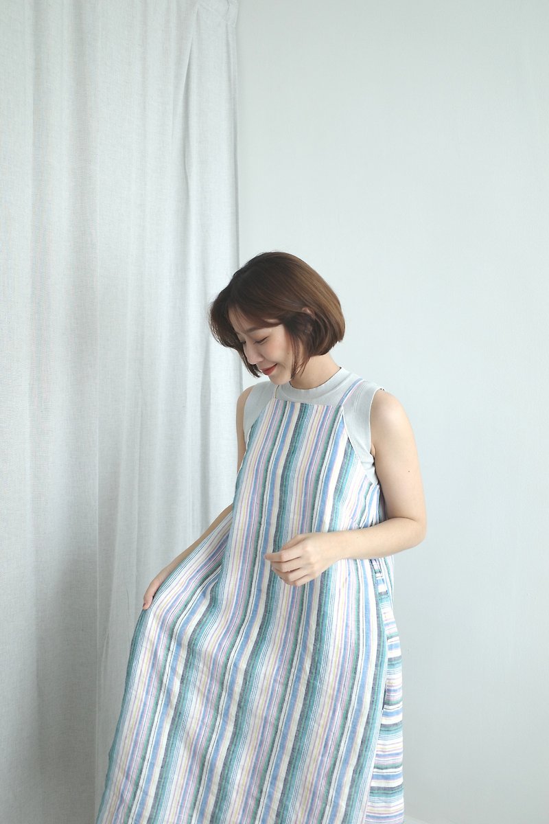 WHITEOAKFACTORY Lucy maxi dress with side pocket - Colorful stripes(Free size) - ชุดเดรส - ผ้าฝ้าย/ผ้าลินิน หลากหลายสี