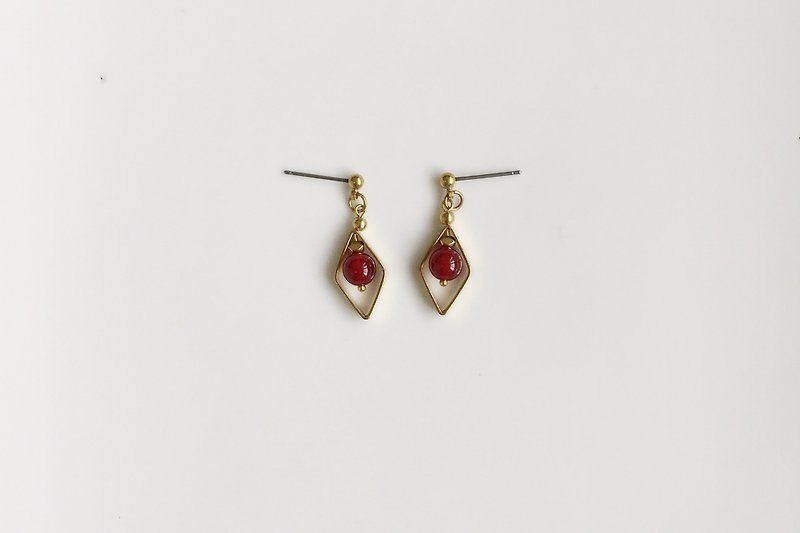 相印-紅瑪瑙款 黃銅耳環 - 耳環/耳夾 - 其他金屬 紅色