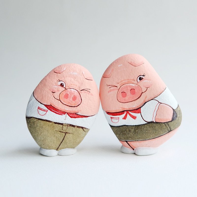Pig couple stone painting for Valentine gift. - Other - Waterproof Material Pink