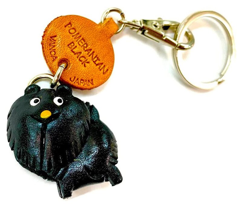 Black POMERANIAN Leather Keychain handmade in Japan collar charm VANCA - ที่ห้อยกุญแจ - หนังแท้ สีดำ