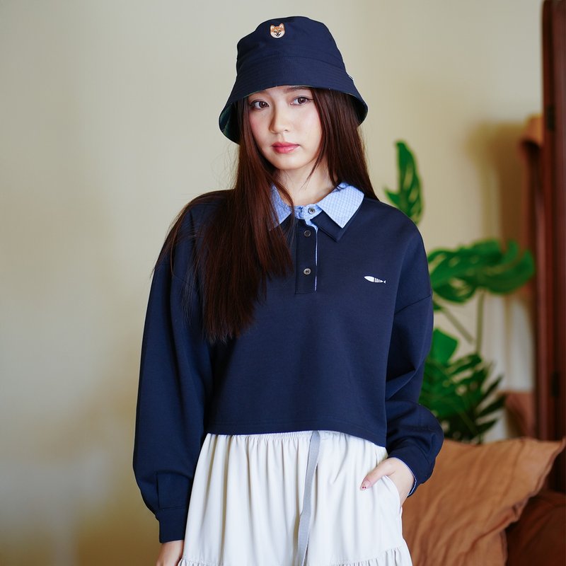 【ad-lib women】女裝短版長袖Polo Tee - 深藍色 (TP1704) - 女上衣/長袖上衣 - 棉．麻 藍色
