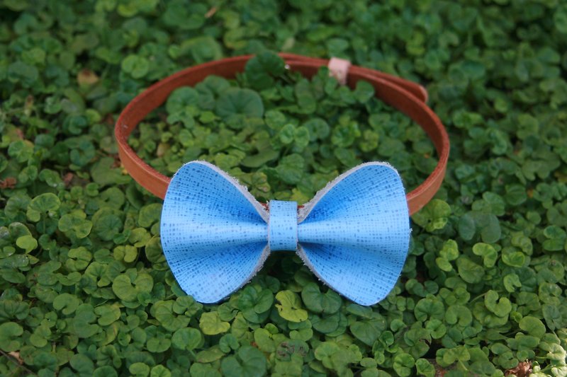 ▎Nutbrown maroon design ▎ handmade leather - pet bow tie - water blue / engraved English name phone - ปลอกคอ - หนังแท้ สีน้ำเงิน