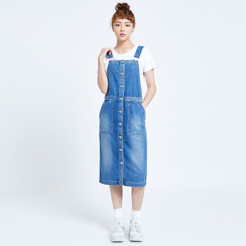 SOMETHING 斜袋開襟吊帶牛仔長裙(中古藍) #牛仔裙 - 洋裝/連身裙 - 其他材質 藍色