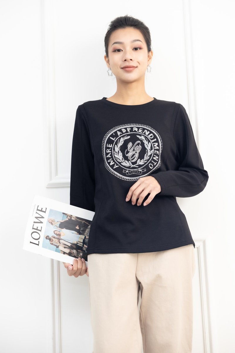 毛線圓型圖騰 u領上衣 黑色 - 女上衣/長袖上衣 - 其他材質 黑色