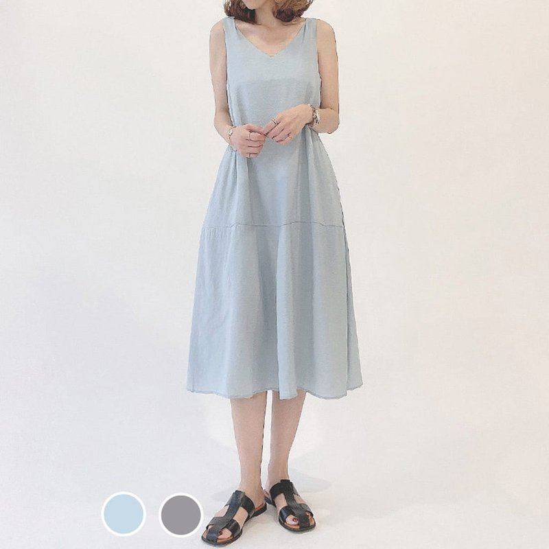 French soft V-neck cool feeling slim dress_fresh blue - ชุดเดรส - เส้นใยสังเคราะห์ สีน้ำเงิน