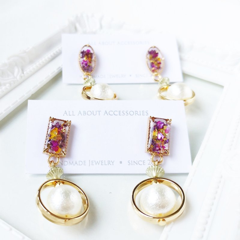 Eternal Flower Series - Japanese Mianhua Pearl Eternal Flower Tassel Earrings / Ear Clips - Earrings & Clip-ons - Other Materials Purple