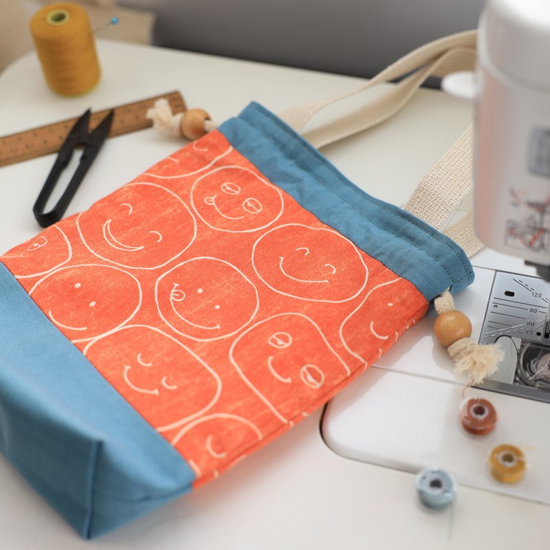 [River] Bezel Tote Bag (Small)/Japanese Fabric/Smiley Face-Orange - กระเป๋าถือ - ผ้าฝ้าย/ผ้าลินิน สีส้ม