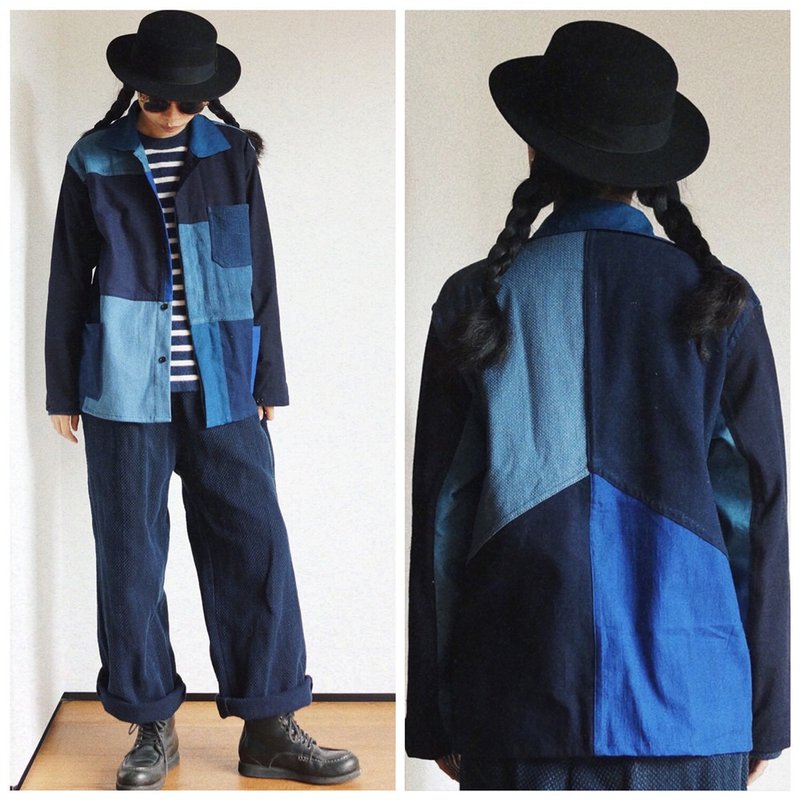 藍色拼布 FRENCH JACKET 植物藍靛染手織布 法國工裝外套 - 女大衣/外套 - 棉．麻 藍色