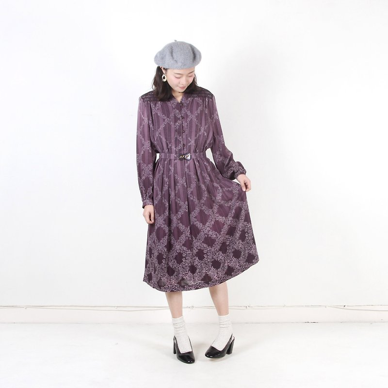 Ancient】 【egg plant kite purple flower pavilion printed vintage dress - One Piece Dresses - Polyester Purple