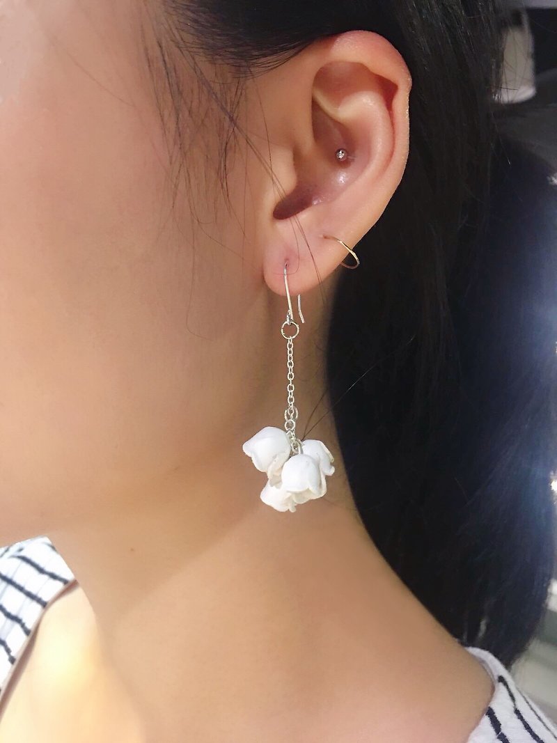 Leather lily of the valley earrings │ ear hook │ hanging ear style - Earrings & Clip-ons - Genuine Leather White