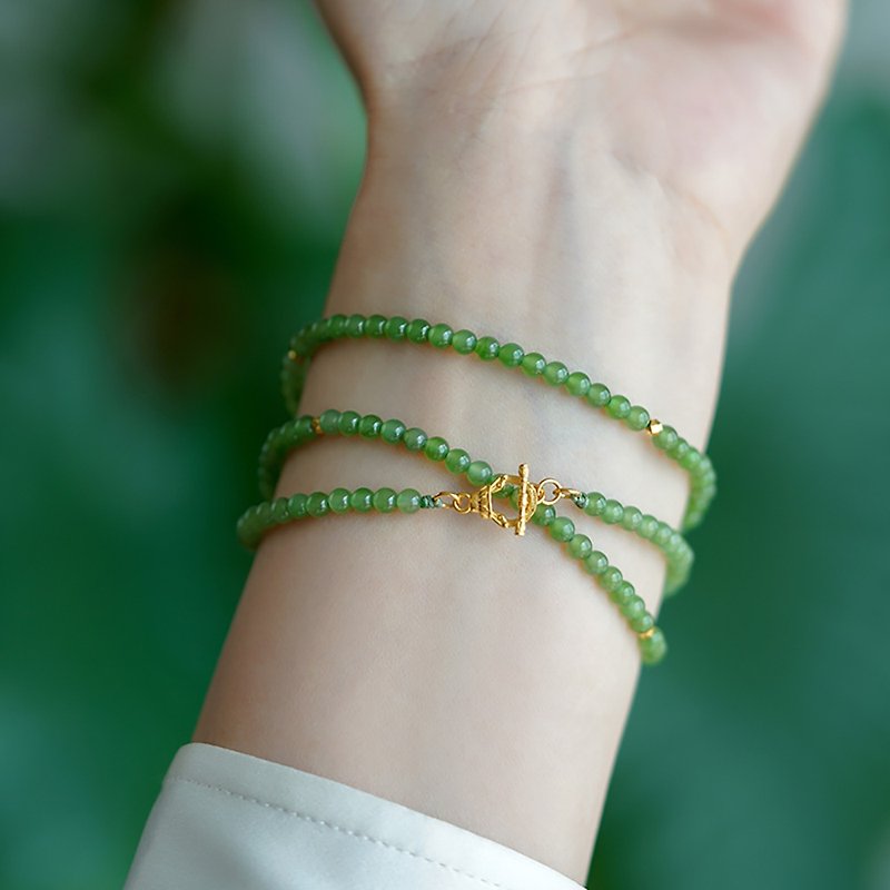 Emerald dual-use chain Weishi natural Hetian jade jasper Yang green 24k ancient gold beaded bracelet necklace female - Bracelets - Jade 