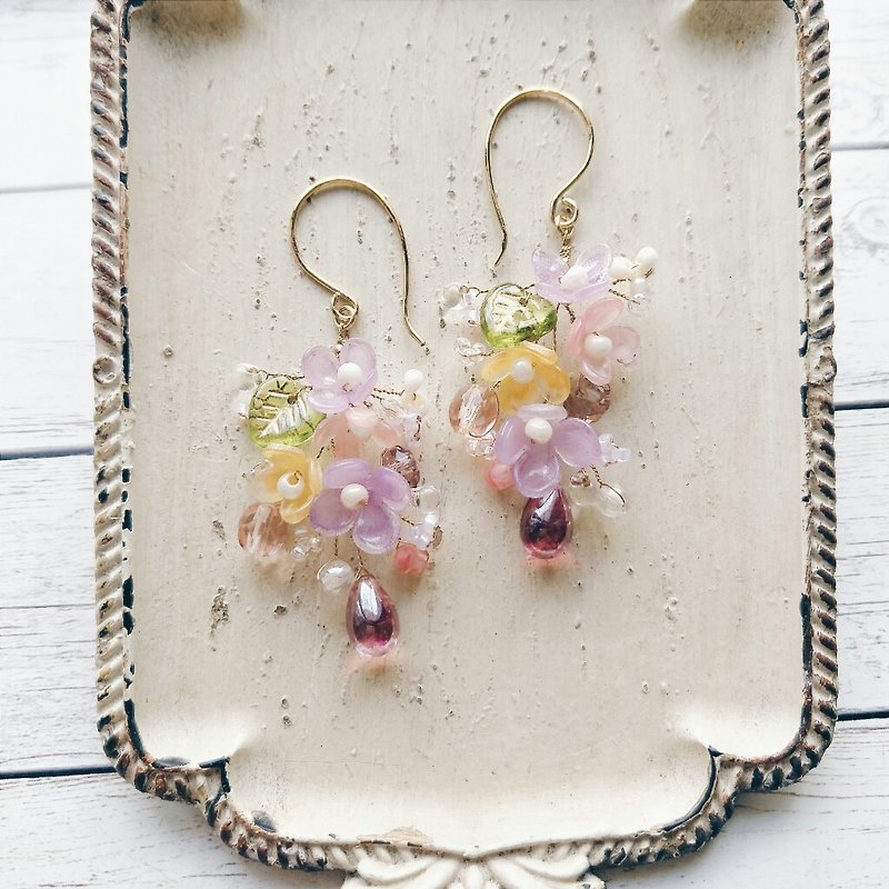 Beaded Braided Earrings Gorgeous Bouquet Rose Drops Can be Changed to Clip-on Style - Earrings & Clip-ons - Other Materials Purple