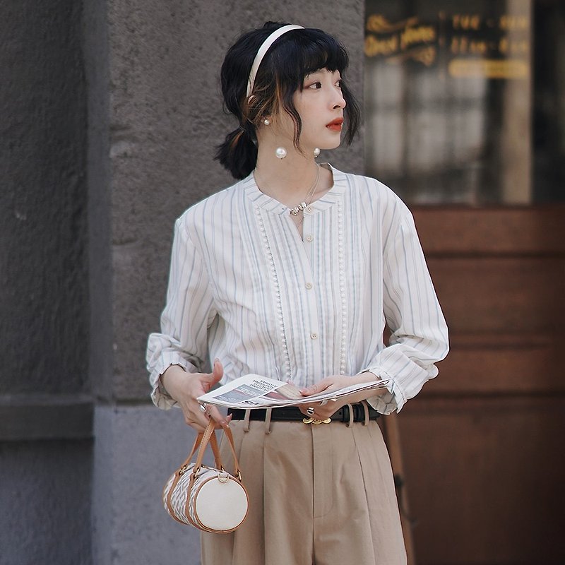 Blue and White Striped Three-quarter Sleeve Shirt|Shirt|Summer Spring|Japanese Fabric|Sora-928 - Women's Shirts - Other Man-Made Fibers White