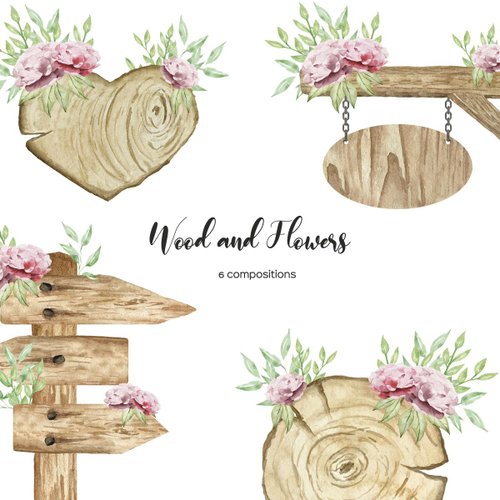 Art and Funny Watercolor wooden signboards with flowers. Floral wood clipart