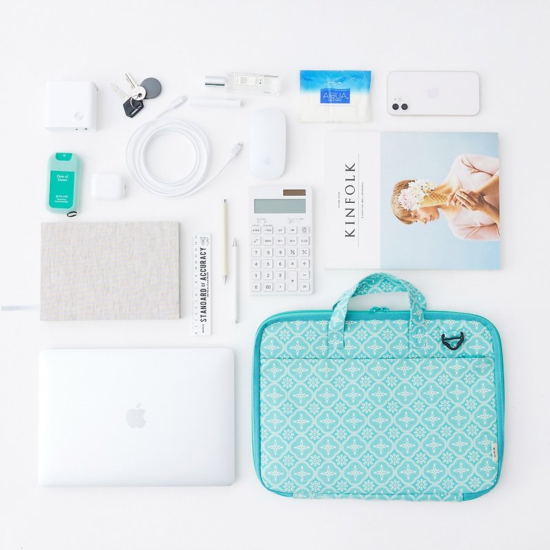 13-inch laptop storage bag-storage function model/Glass Begonia/Ice Crystal Teal Laptop Bag - กระเป๋าแล็ปท็อป - ผ้าฝ้าย/ผ้าลินิน 
