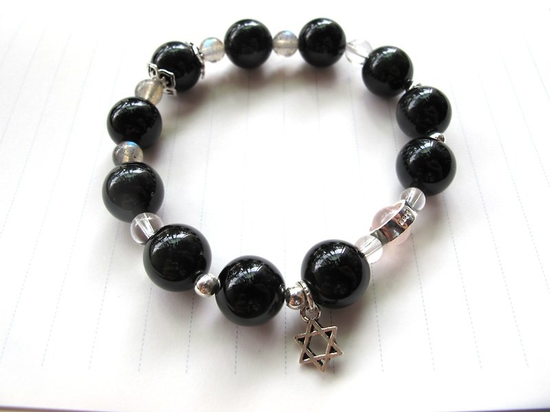 [Jin Zhen] Obsidian x Labradorite x White Crystal x Pink Crystal x925 Silver - Hand-made natural stone series - Bracelets - Gemstone Black