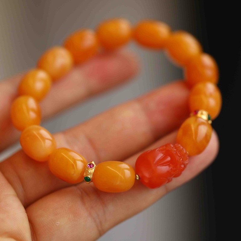 10mm reflowed natural chicken fat yellow Wax southern red nine-eye dzi beads design single circle plain string bracelet - Bracelets - Semi-Precious Stones Yellow