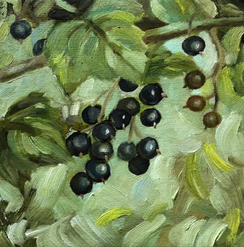 Alisa-Art Black currants original oil painting. Size 15x15 cm. Ready for ship.