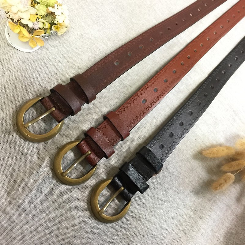 Hand Embossed Collection Vintage Bronze Round Toe Leather Belt Belt - 3 cm wide - เข็มขัด - หนังแท้ 