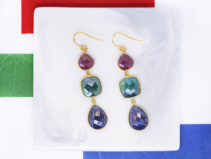 Edith & Jaz • Ruby Emerald Sapphire Geometric Shape Silver Earrings - ต่างหู - เครื่องเพชรพลอย หลากหลายสี