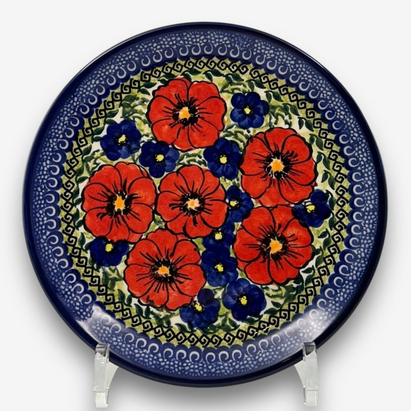 波蘭手繪手工陶-圓盤 19cm 紅藍花徑系列 - 盤子/餐盤/盤架 - 陶 紅色