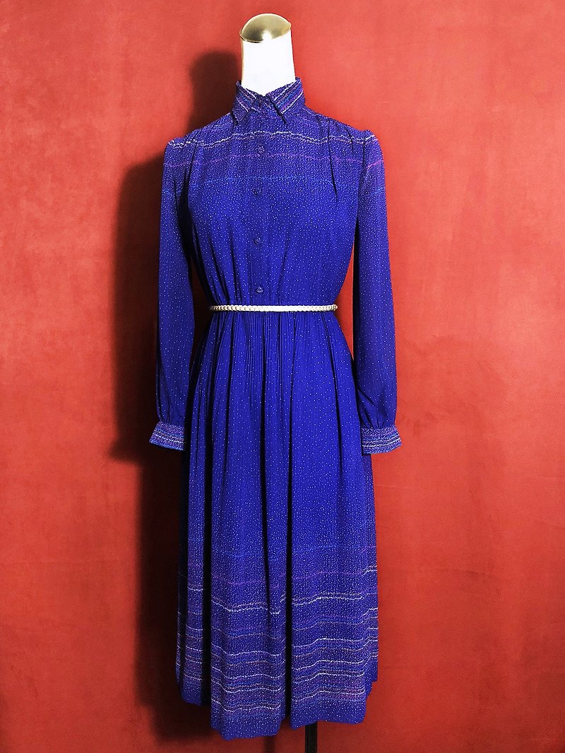 星辰花型領長袖古著洋裝/ 國外帶回 VINTAGE - 洋裝/連身裙 - 聚酯纖維 藍色